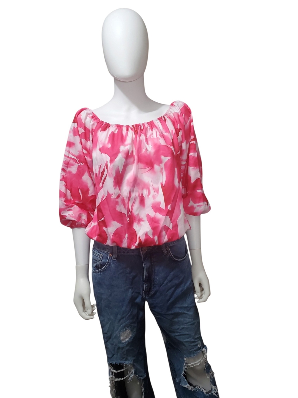 Pink White Abstract Floral Blouson Top Puff Sleeve Size L